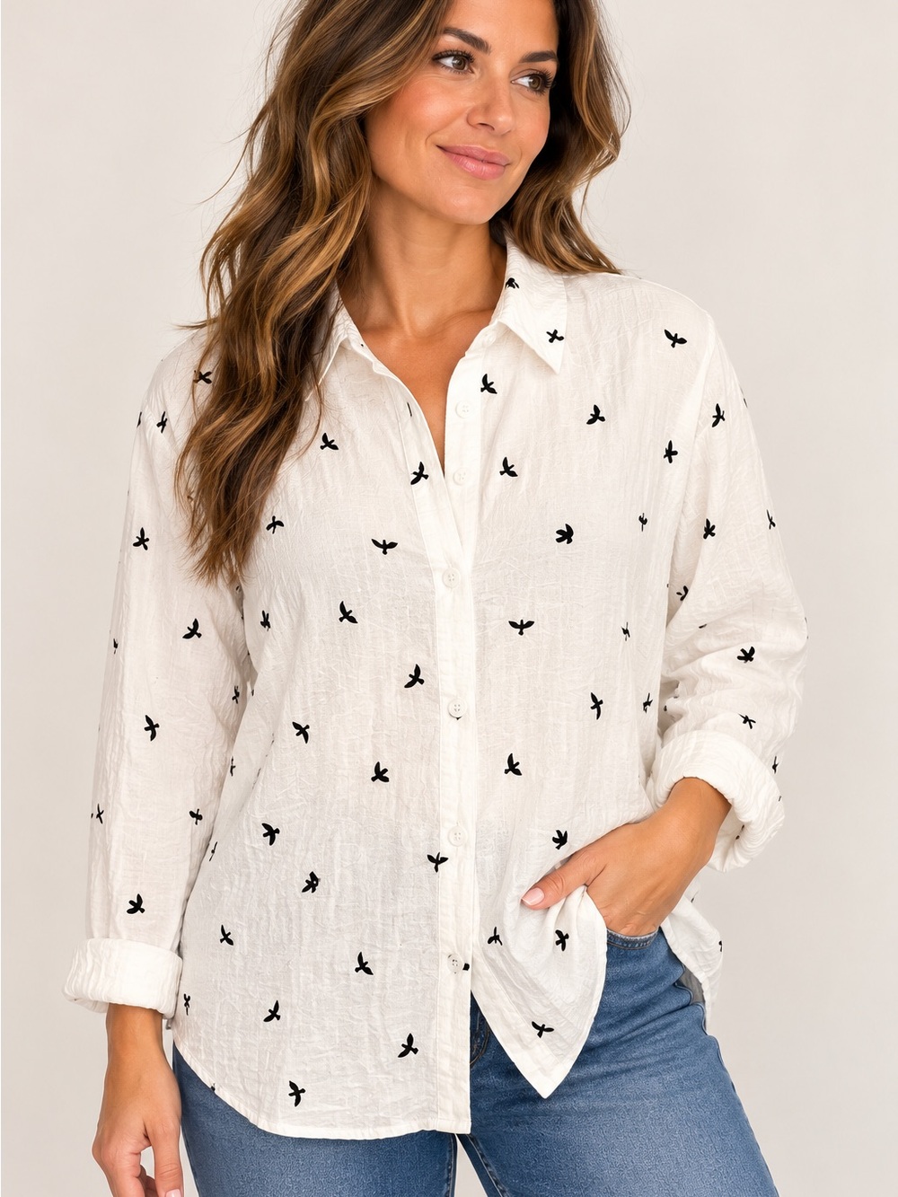 Women’s White Button-Front Bird Print Shirt